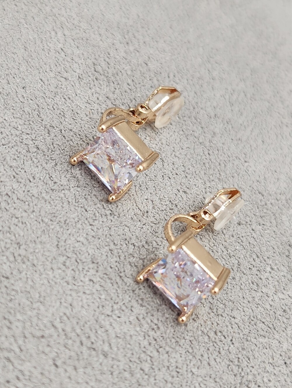 Statement Clip Earrings Clear Glass Square Golden Tone Faux Diamond Jewelry New